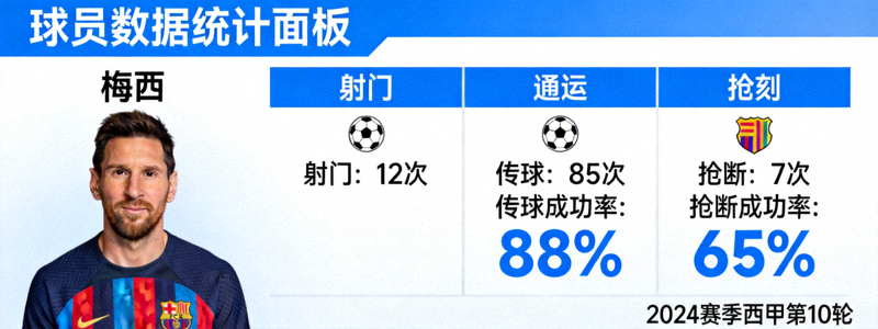 足球球员数据统计面板，显示射门、传球、抢断等多项指标